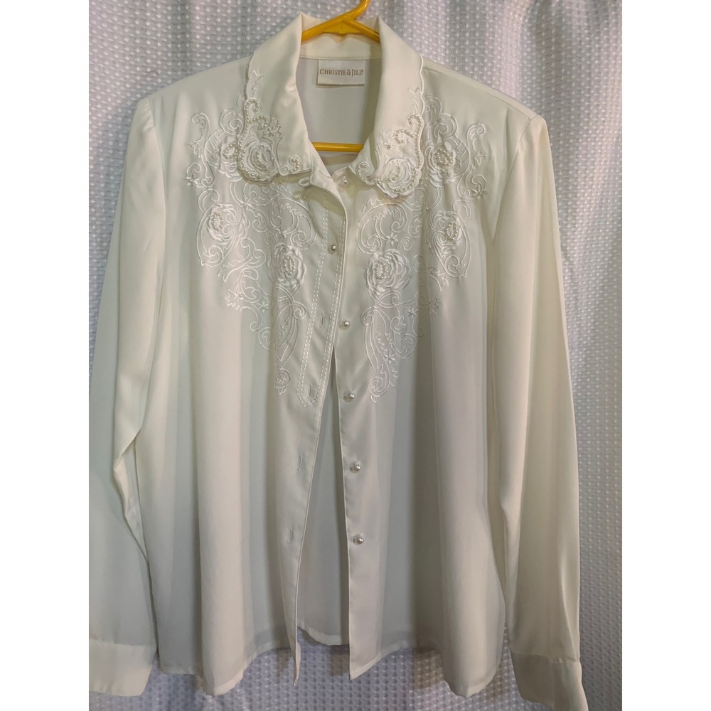 Christie & Jill Vintage Ivory Embroidered Pearl Button Front Blouse Top Womens